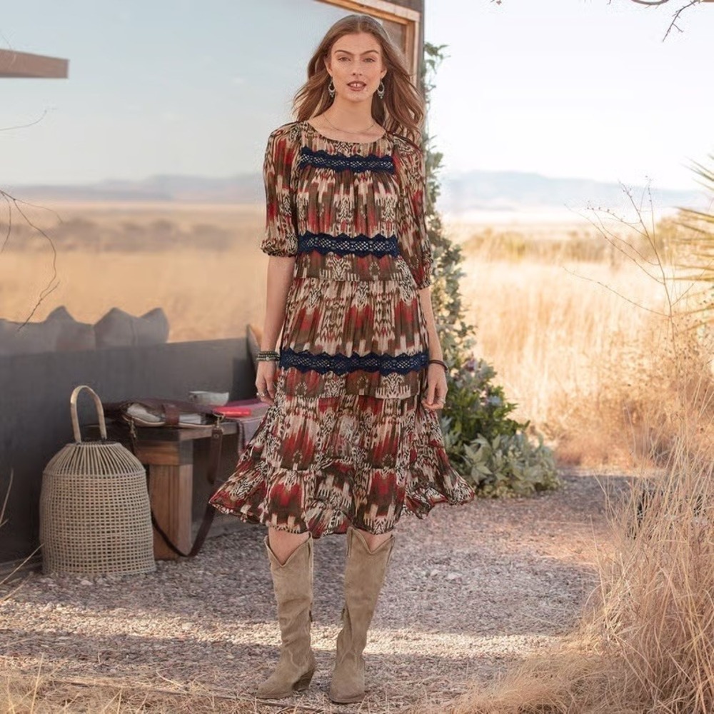 Sundance Catalog Boho Dress Sz Small Ikat‎ Print Lace Trim Midi Peasant Romantic